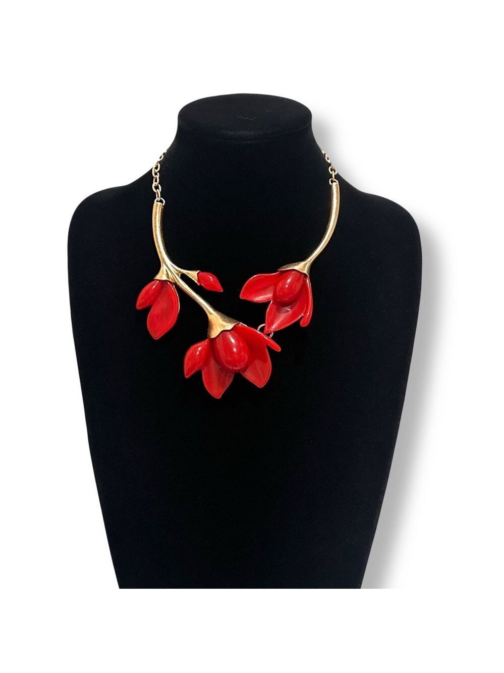 Artisan Red Jade Brushed Gold Magnolia Flower Collar Necklace NWT